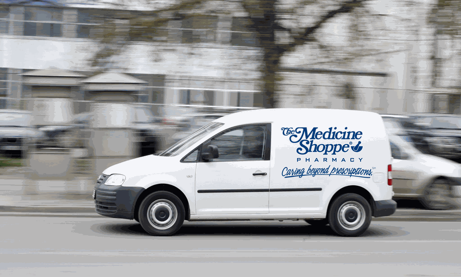 A delivery vehicle with the Medicine Shoppe logo on the side Delivery
